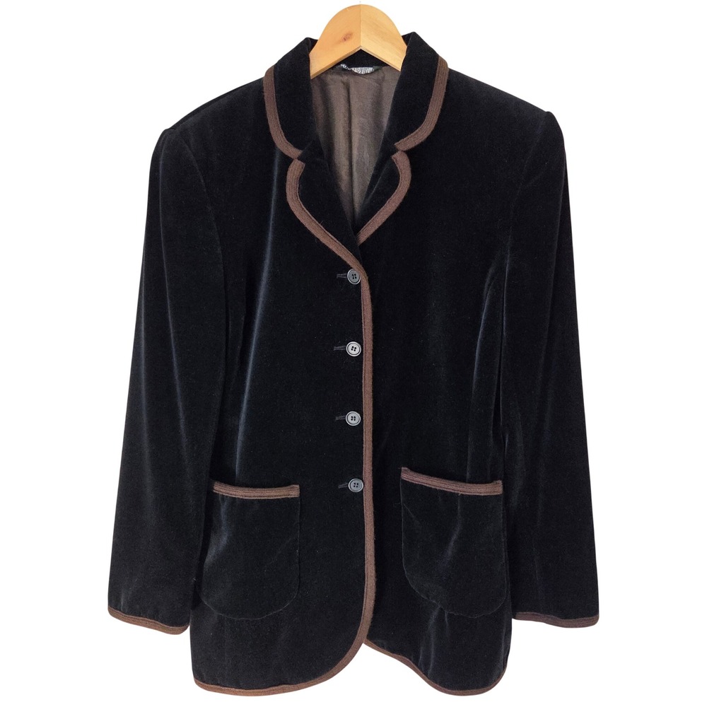 Laura Ashley Black Velvet Blazer Brown Trim Button Front Size 10